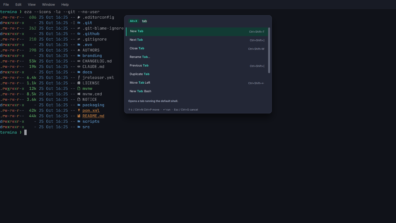Command palette in Termina