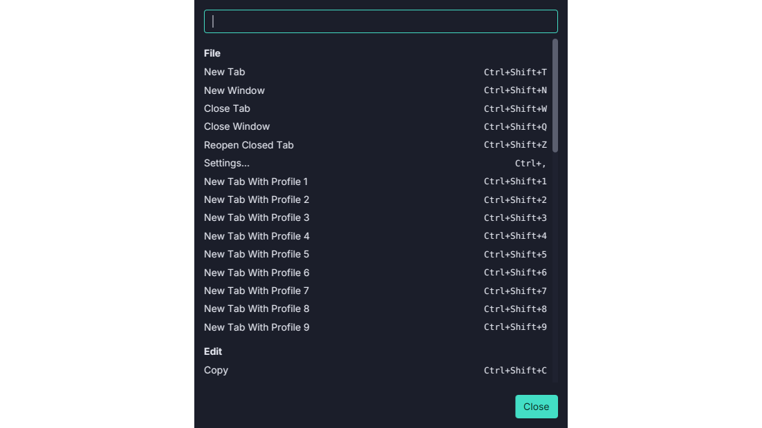 Keyboard shortcuts in Termina
