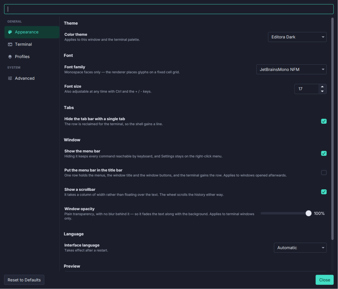 Settings that apply live in Termina
