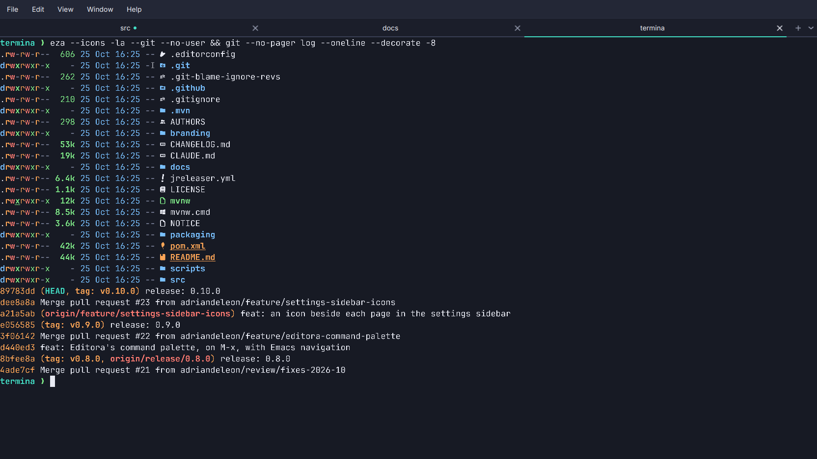 Termina's window: a tab strip over a shell showing a coloured directory listing with file-type icons and a git log